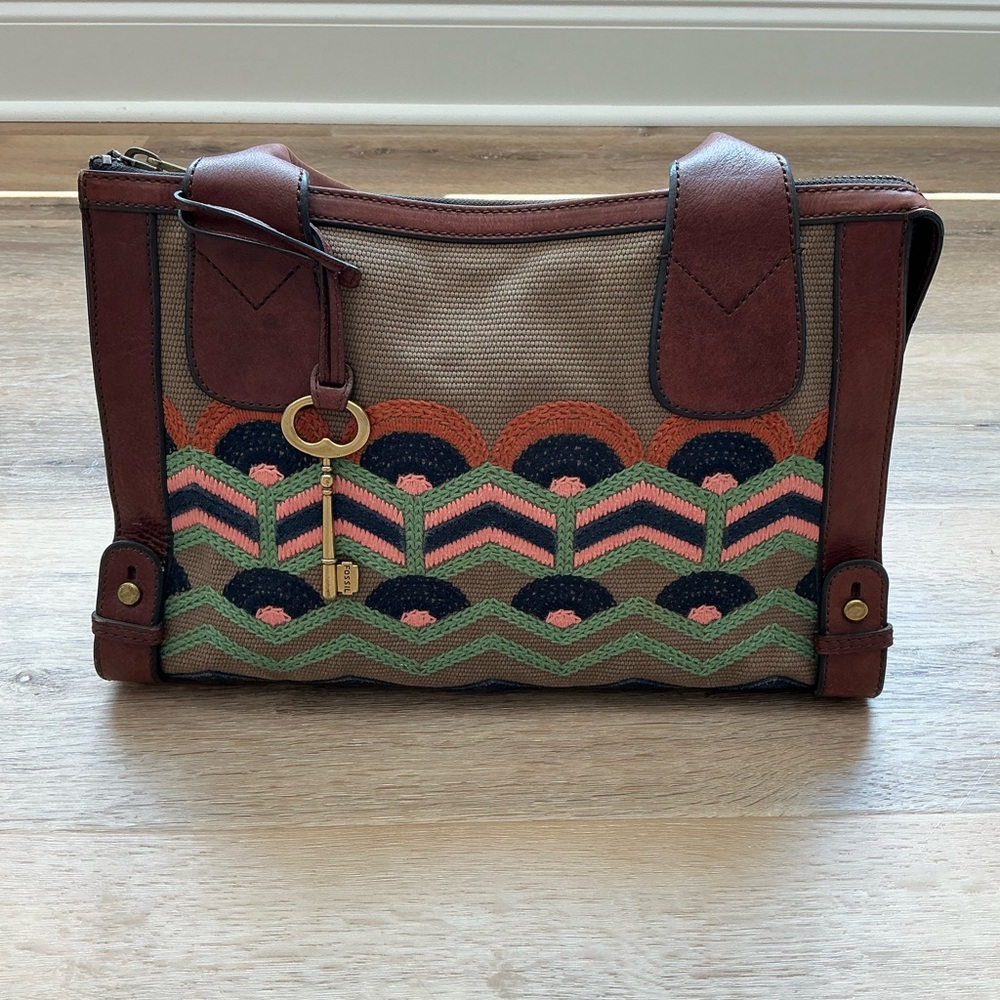 Fossil Women's Embroidered Handbag Brown Aztec Laptop Gold Key Hardware